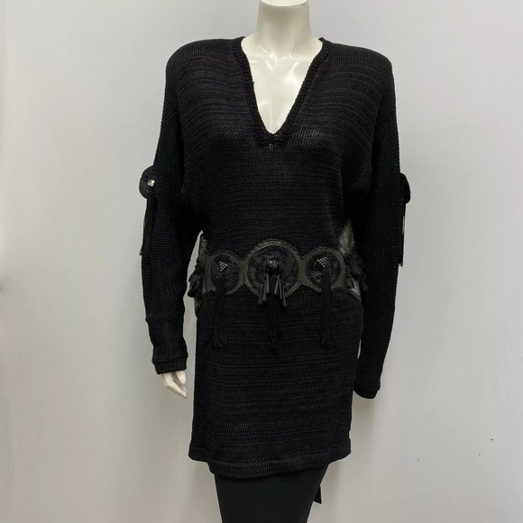 Vintage Delaware Street Tunic Sweater Black Open‎ Crochet Knit Leather Tassels S - Picture 1 of 7